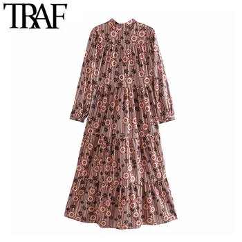 

TRAF Women Chic Fashion Printed Midi Dress Vintage V Neck Three Qualter Sleeves Female Dresses Casual Vestidos Mujer