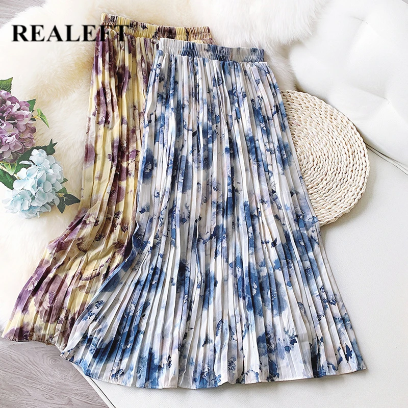 

REALEFT New 2021 Summer Vintage Ink Printed Tulle Pleated Mi-long Women's Skirts High Waist Chiffon Loose Female Umbrella Skirts