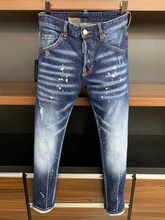 Vaqueros de moto para hombre, Jeans de moda DSQ2 rasgados con puntos de pintura, 2021*9702