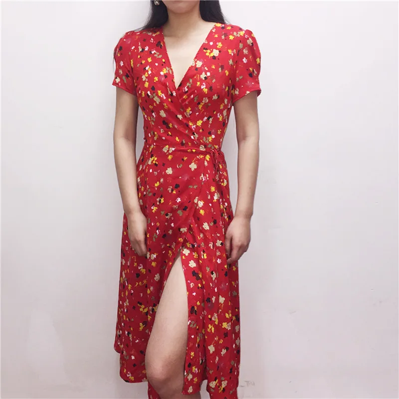 

Women Red Floral Dress V Neck Short Sleeve Vintage Lady Belt Lace Up Summer Dresses