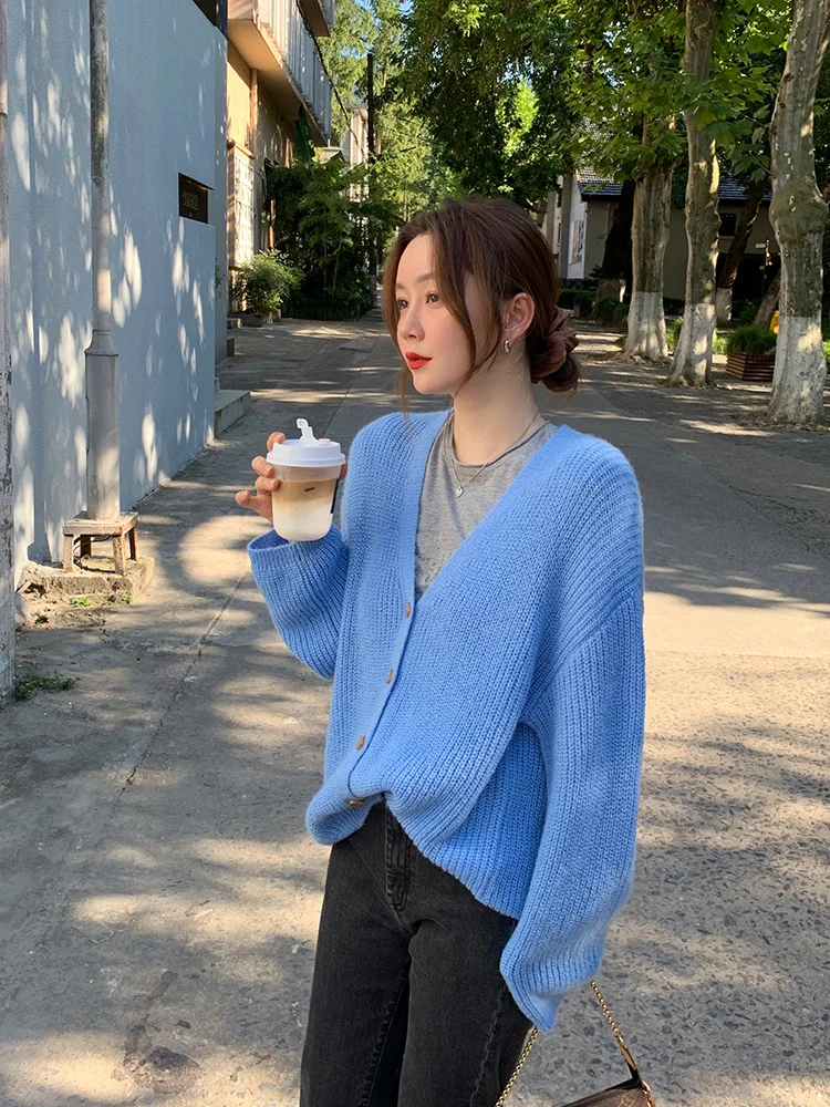 

Early spring new mohair knitted cardigan women loose western solid color v-neck long-sleeved shirt