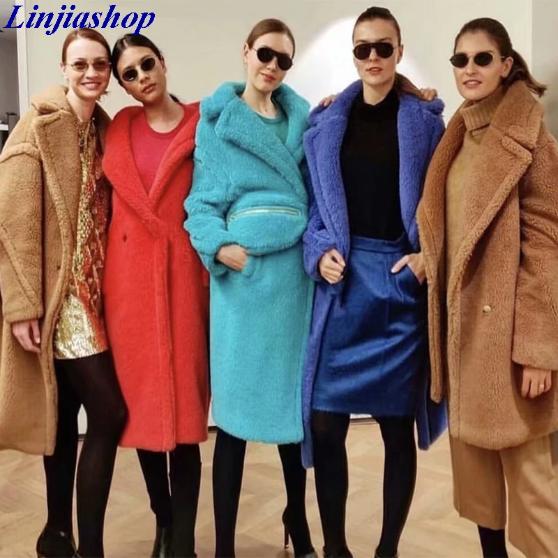 

Long lamb wool fur coat christmas sweater women 2019 autumn winter faux fur solid plus size coat femme warm jacket outwear