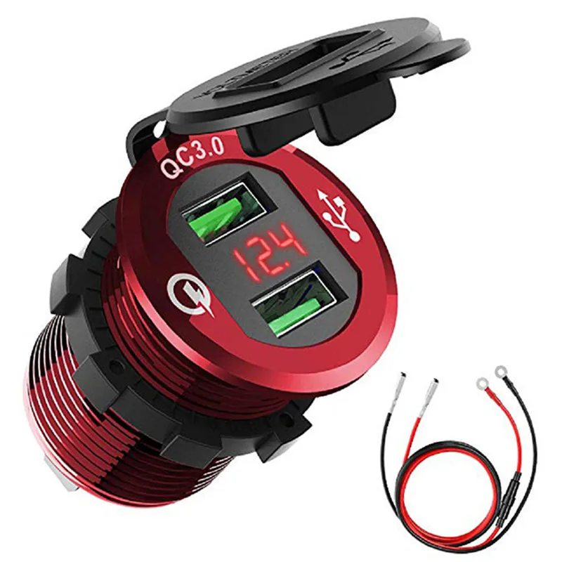 

Dual USB QC 3.0 Car Charger Aluminum Socket Power Outlet Charger With Digital Voltage Display For 12V/24V Car Motorcycle
