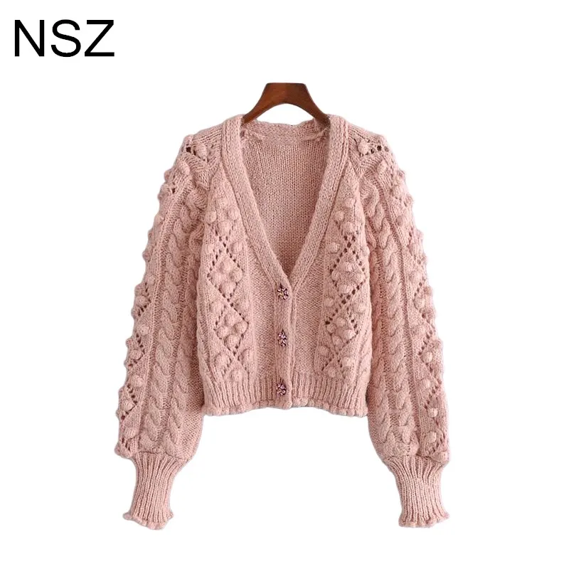 NSZ Women Oversized Jewelry Button Crop Top Knit Cardigan Sweater V Neck Ladies Jacket Coat Jumper Knitwear Pull Femme |