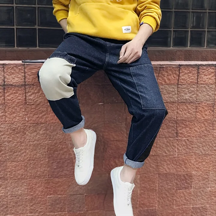 dark blue Модные повседневные брюки карго мужские уличные осень лоскутное Украшение Свободные Комбинезоны Хлопок керлинг мужские брюки - Color: dark blue