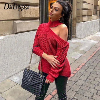 

Darlingaga Halter One Shoulder Knitted Sweater Women Tops Casual Loose Pullover Solid Autumn Winter Sweaters Jumper Pull Femme
