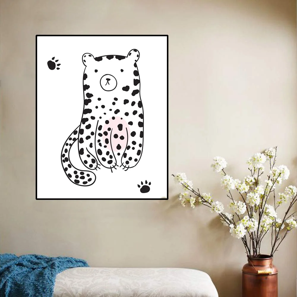 Wall Art Canvas Poster Painting Cute Animal Leopard Stick figure Decor Picture Modern Home Decoration For Children Living Room