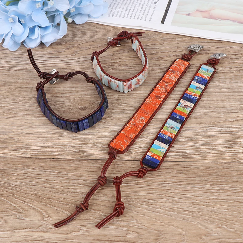 1Pcs Bohemia Handmade Natural Stone Tube Beads Genuine Leather Wrap Bracelet Yoga Couples Bracelets