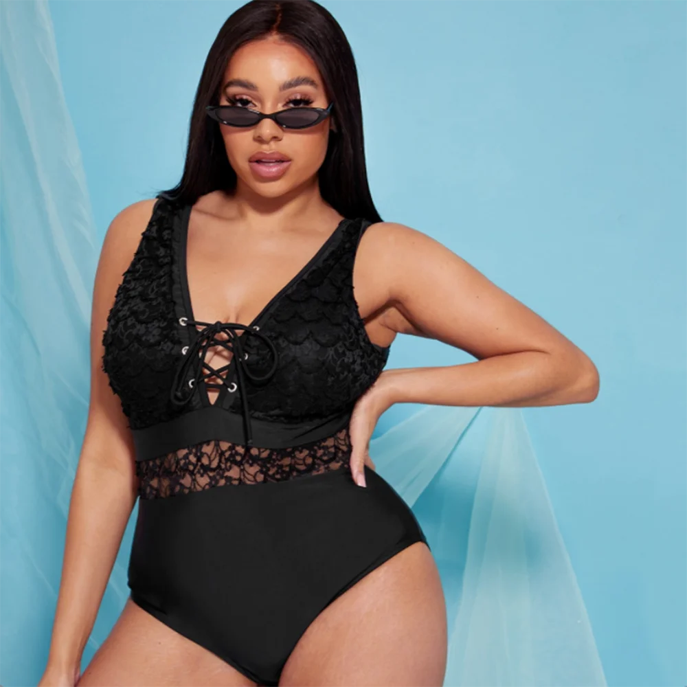 2022 Summer New Arrival Women Sexy Solid Color One Piece Swimwear Plus Size XL-4XL Swimsuit Hollowed Out Bandage Bathing Suit | Спорт и