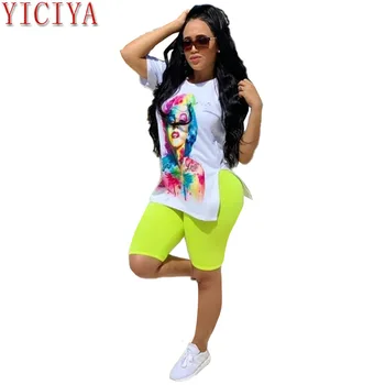 

2020 Summer Clothes For Women's Set Print Side Slit T-shirt Pencil Knee Length Pants Suit Two Piece Set Fashion Tracksuit Outfit
