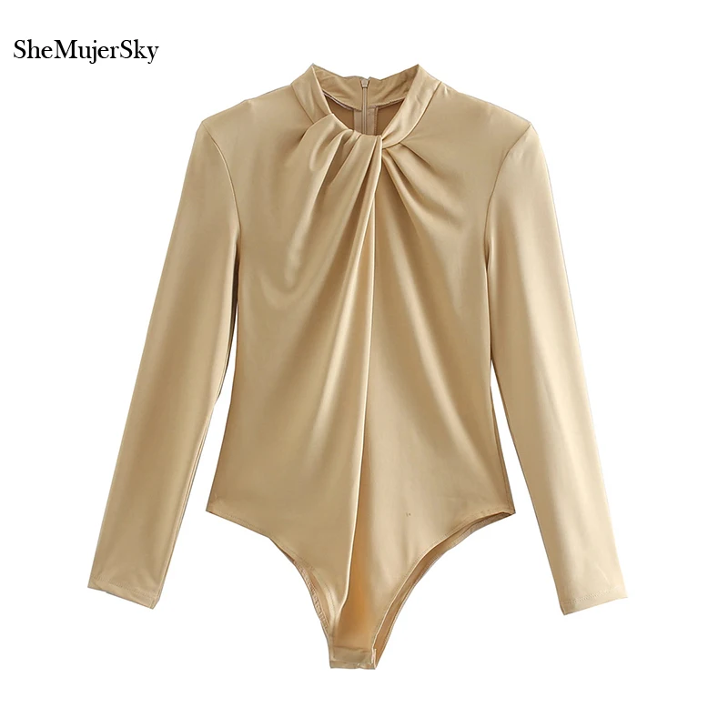 

SheMujerSky Women Long Sleeve Khaki Bodysuit Ruched O-neck Slim Elastic Jumpsuits 2020 Ladies Skinny Bodysuits