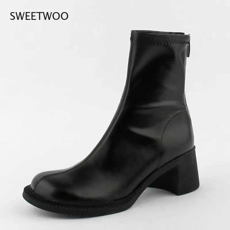 Women Big Toe Chunky Heel Boots Pu Leather Platform Ankle Boots With Elastic Zipper Vintage Style Autumn Winter