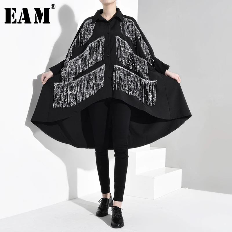 [EAM] женский, черный Стразы Ленточки большой Размеры Блузка Новая нагрудные с длинным рукавом рубашка свободного кроя модные тенденции Демисезонный 1B056