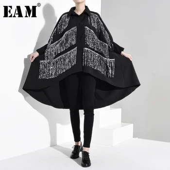 

[EAM] Women Black Rhinestone Tassels Big Size Blouse New Lapel Long Sleeve Loose Fit Shirt Fashion Tide Spring Autumn 2020 1B056