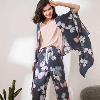 

2020 Autumn Winter Ladies Floral Printed Pajamas Set Loose Thin 4Pcs Rayon Homewear Cozy Cardigan+Top+Pants+Shorts Casual Wear