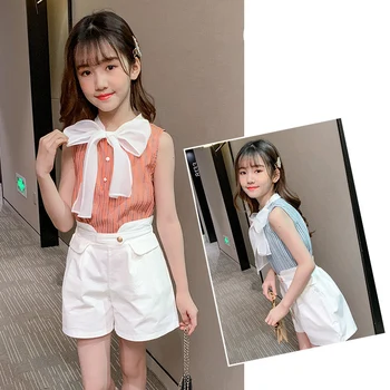 

Girls Clothing Sets New Summer Sleeveless Striped Bow T-shirt+White High Waist Shorts 2Pcs for Kids Teens Clothing Sets Outfits