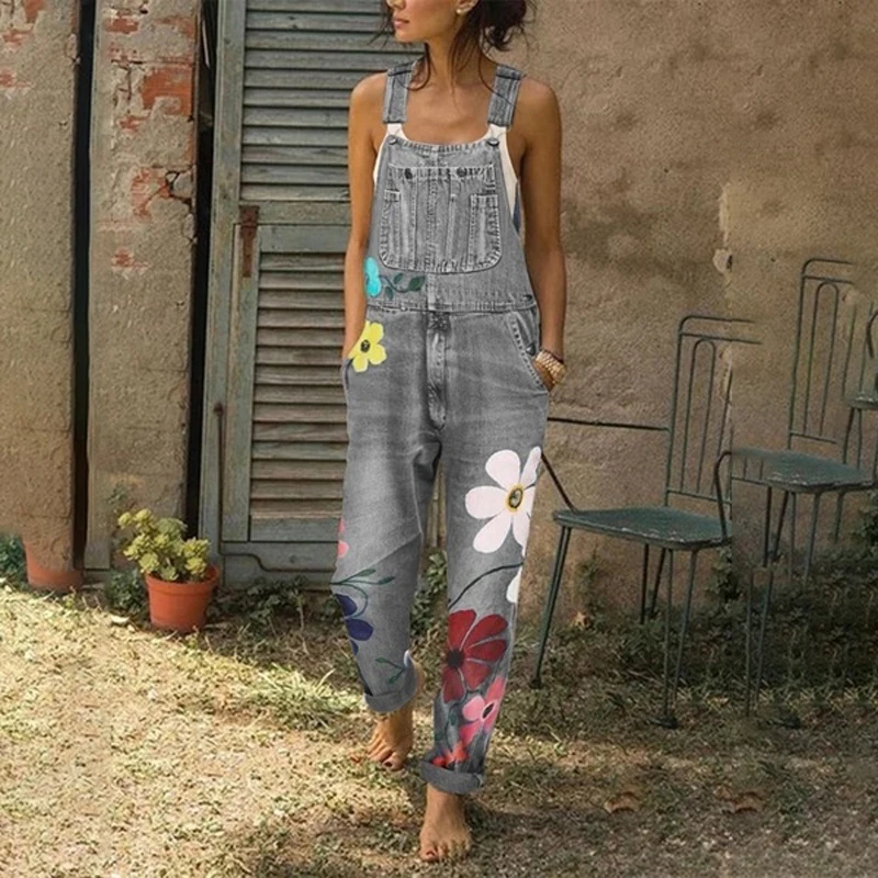 

Women Jeans Jumpsuit Autumn Winter Fashion Trousers Casual Sleeveless Floral Slim Fit Loose Ladies Jumpsuit