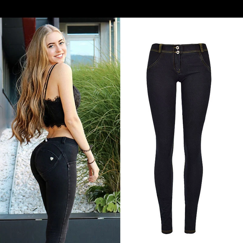 Autumn and winter super popular pink hip jeans female fitness pure black super elastic comfortable low waist denim trousers K169
