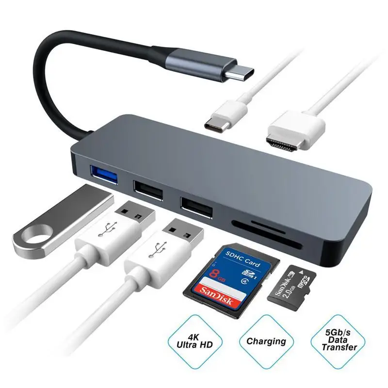 Адаптер 7 в 1 Type C с зарядным портом USB 4K к HDMI USB3.0/USB2.0 порты TF/SD кардридер для Windows / Mac