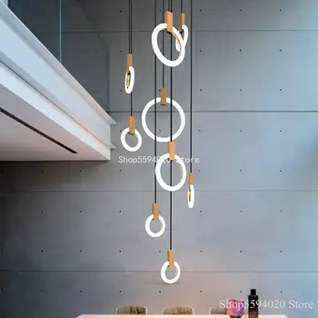 

Modern Modern LED Stair Chandelier Lighting Acrylic Rings Pendant Lamp Living Room Bedroom Acrylic Rings Lights Wood Hanging