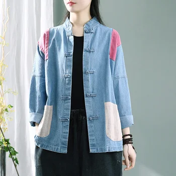 

Womens Denim Cotton Shirt Blouse Long Big Loose Oversized Patchwork Retro Vintage Fashion Casual for Spring AZ23451639