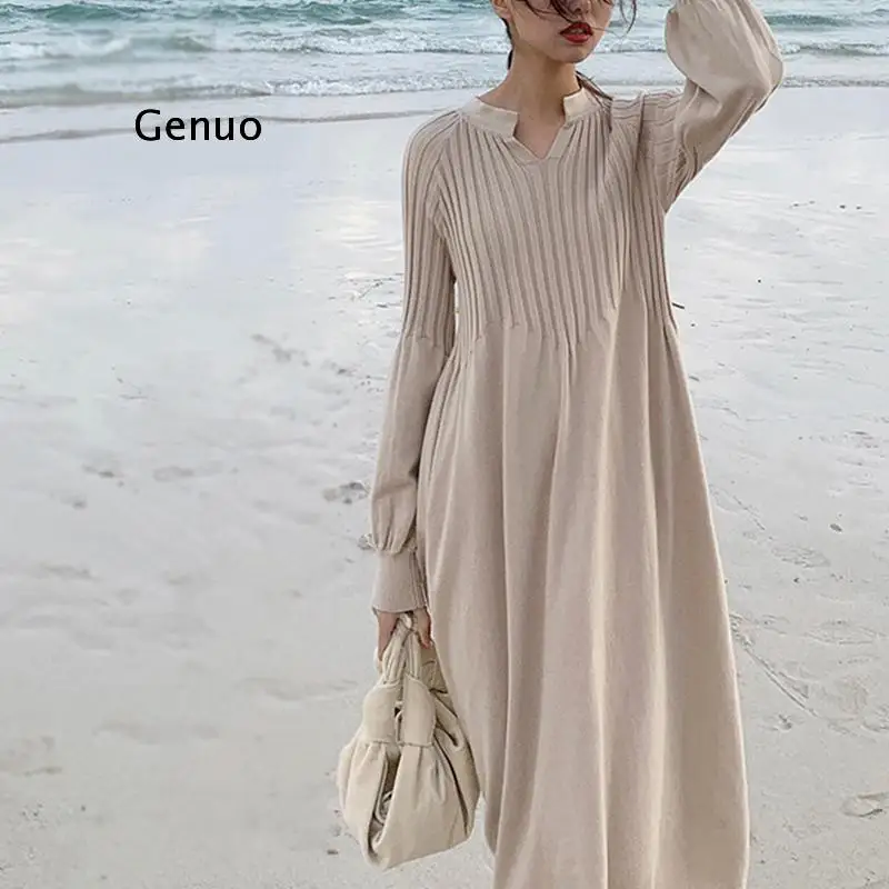 

Retro French Girl Chic Knitting V-Neck Long Sleeve Basic Dress Spring