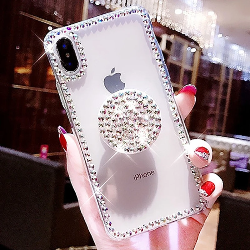 

Bling Clear Phone Case For iphone 11 Pro Max X 8 7 6 6S Plus XR XS MAX Thin Slim Transparent Diamond Stand Holder Cases