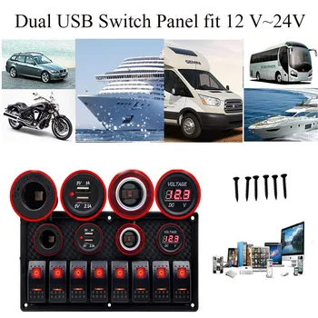 

LED 8 Gang Rocker Switch Panel with Digital Voltage Display 3.1A Dual USB Power Charge For Car Boat Marine Waterproof Switches