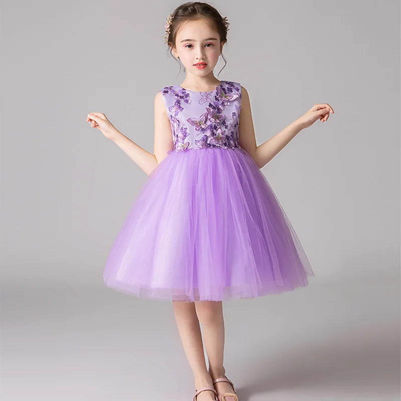 Кружевное праздничное платье принцессы с вышитой бабочкой и аппликацией; вечернее свадебное платье для девочек; костюм ведущего; Сетчатое детское платье для девочек - Цвет: PURPLE