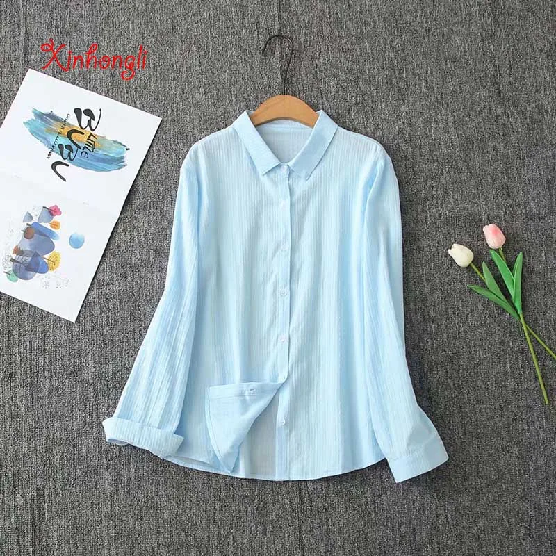 

Plus size soft cotton solid white sky blue women loose blouse 2020 new spring autumn office ladies shirts female tops oversize