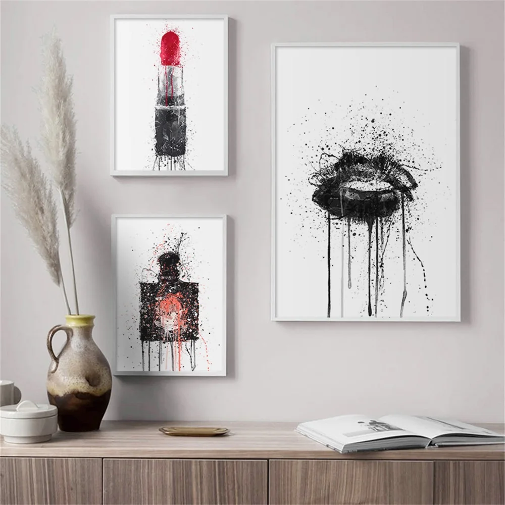 Fashion Watercolor Perfume Makeup Vogue Poster Lips Lipstick and Print  Canvas Art Painting Wall Picture Girl Room Home Decor