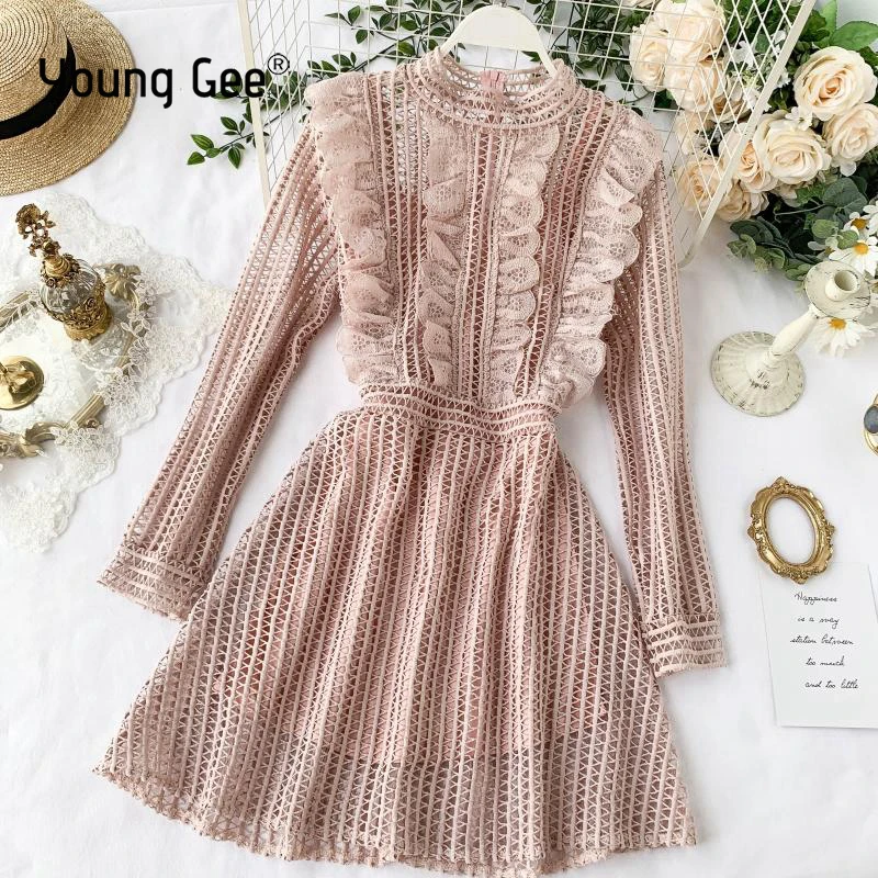 

Young Gee Luxury Design Spring Autumn Women Black Dress Long Sleeve Stand Collar Back Zipper Ruffles Casual Lace Crochet Dresses