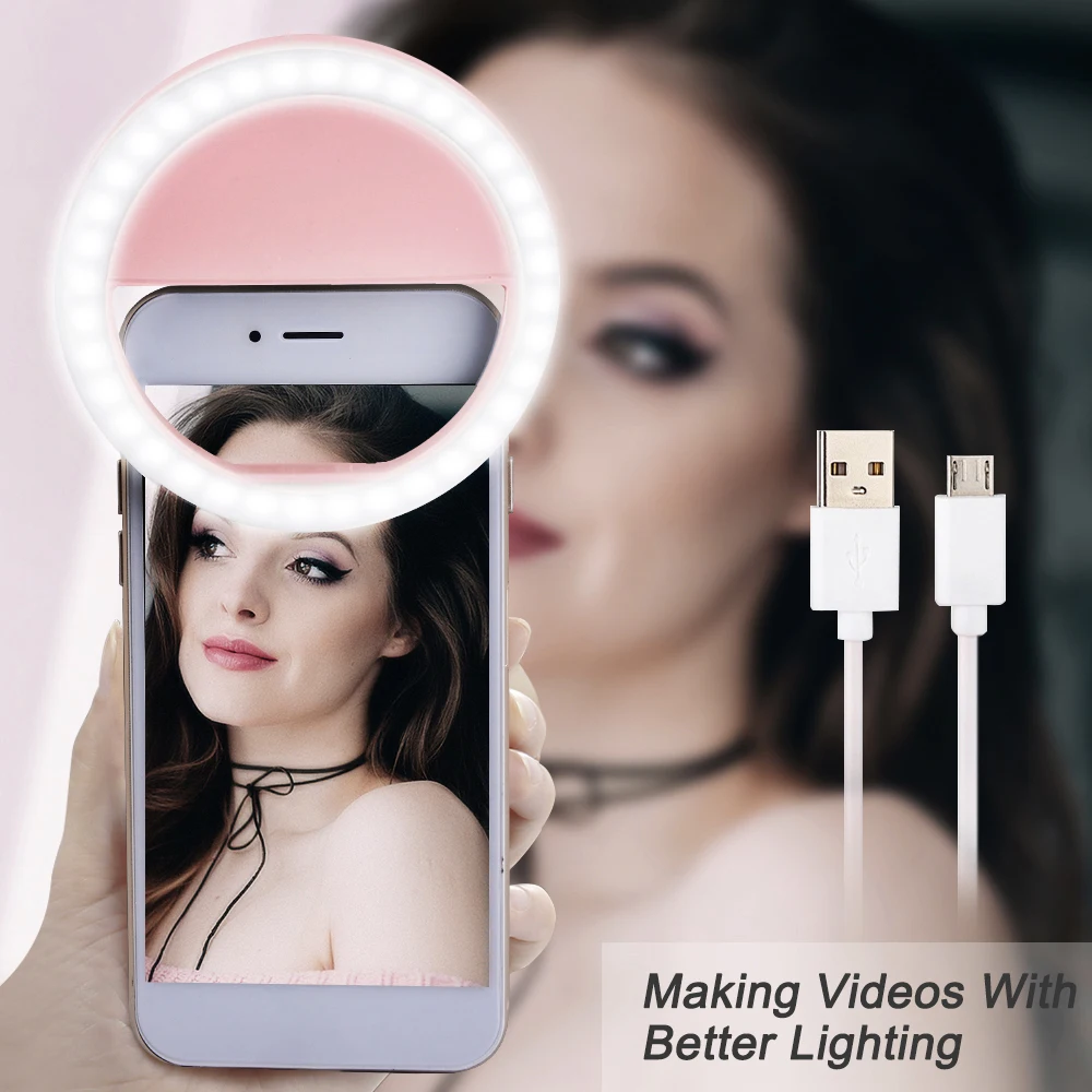 USB Recharge Pink Портативный светодиодный Selfie кольцо света для iphone освещение ночной темноте фотография кольцо с зажимом селфи кольцо все смартфон заполняющий свет - Цвет: USB Recharge Pink