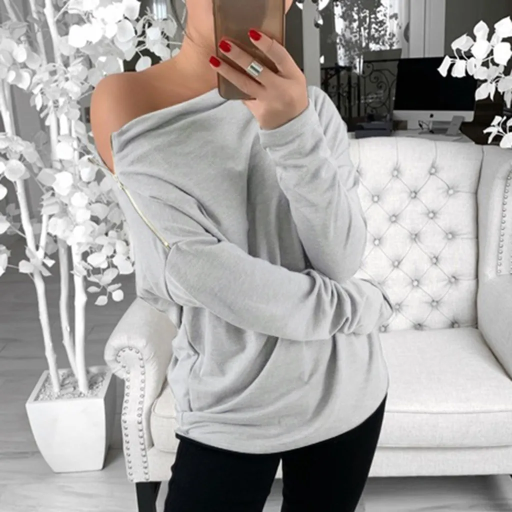 

Feitong Solid Zipper Womens T-shirts Casual Long Sleeve Pullovers O-Neck T-shirts Off Shoulder Solid Autumn Ladies Tops Blusas