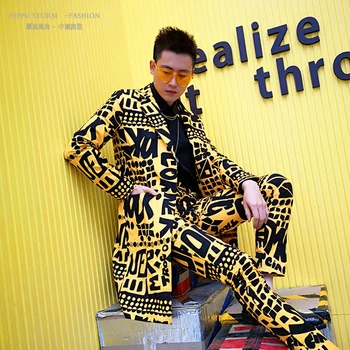 

Male Slim Fit Blazer Yellow Suit Jacket Nightclub Stage Singer DJ Clothes Men Long Casual Slim Fit Suits Sets 2PCS (jacket+pant)