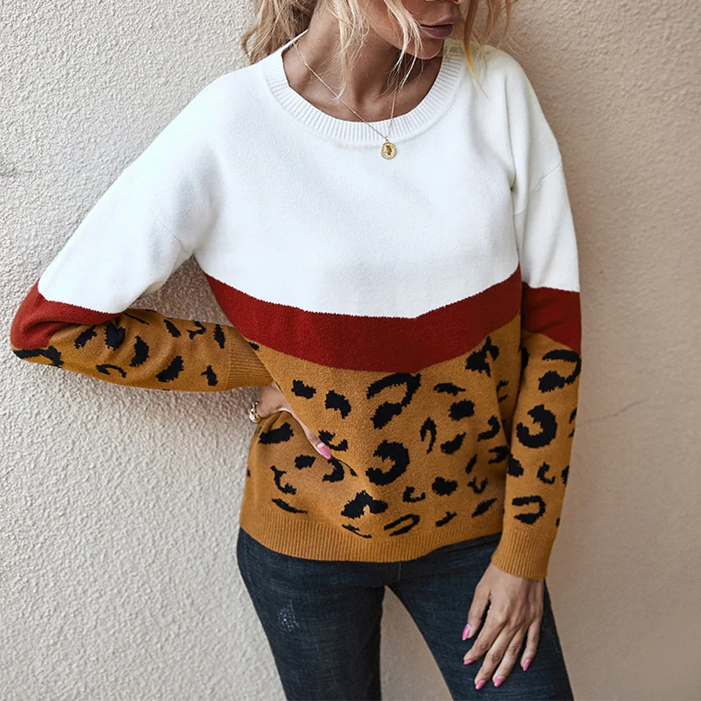 

Leopard Patchwork Women Pullover Sweater Autumn Winter Clothes Fashion Streetwear Women Pullover Cotton Vintage Knitted Sweaters