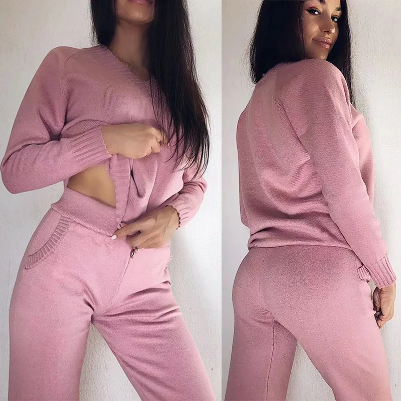 Women sweater suits sets Autumn winter thick soft artificial wool knitted sets pullovers +long Pant Casual  2PCS Track Suits