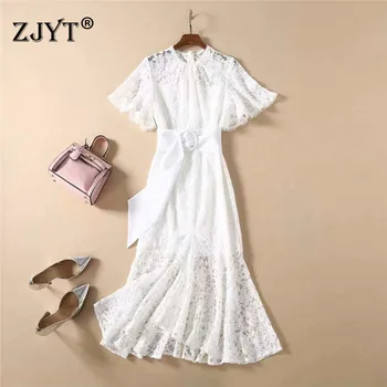 

Runway Dress Women Spring 2020 New Designers Fashion Short Sleeve Elegant Hollow Out White Lace Party Sexy Midi Trumpet Dress