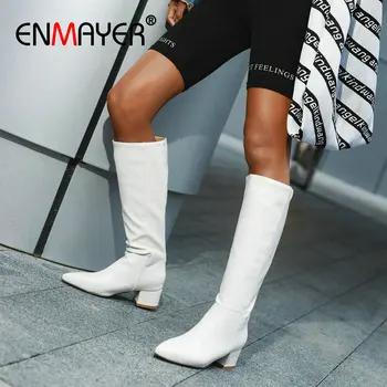 

ENMAYER 2020 Sexy Slip-On Mid-Calf Women Boots Square Heel Snake Pattern Pointed Toe Rain Boots Women Short Plush Women Shoes