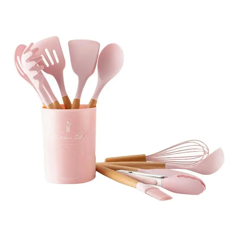 12 шт Силиконовая кухонная утварь набор термостойкая кухонная посуда с антипригарным покрытием Бытовая деревянная ручка набор кухонных инструментов - Цвет: Розовый