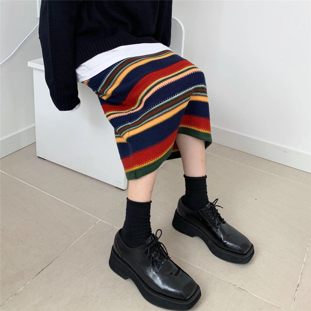 Neploe, Faldas Mujer Moda Ins, радужная полосатая трикотажная юбка, высокая талия, бедра, прямая, Осень-зима, верхняя одежда, Jupe Femme 47433