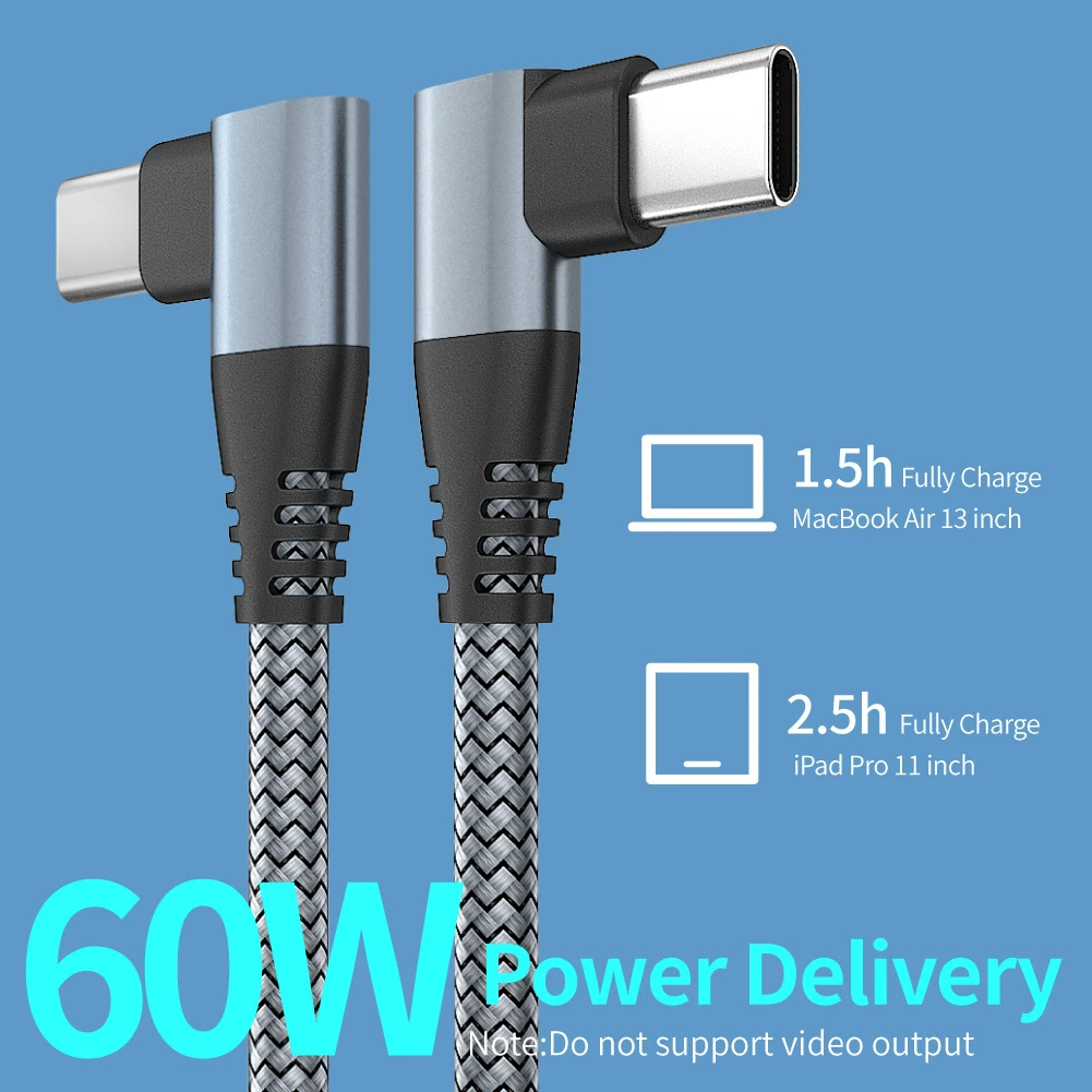 android charger Double Type C Cable 90 Degree Right Angle Elbow Data Cord 60W PD Fast Charging Type C To USB C Cable For Huawei Xiaomi Samsung iphone to tv cable