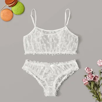 

New Women Sexy Dot Mesh Bra Bowknot Underpants Sleepwear Panty White Lingerie Set Triangle Cup Bra Sets S-XL