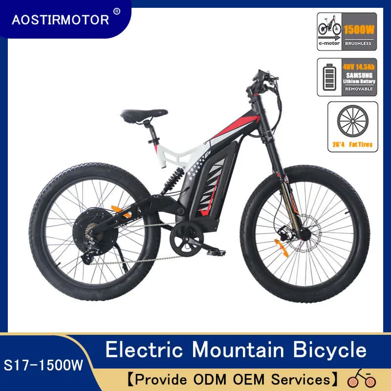 AOSTIRMOTOR Electric Mountain Bike Fat Tire Electric Bicycle Beach Cruiser Snow Bike 1500W EBike 48V 14.5AH Lithium Battery