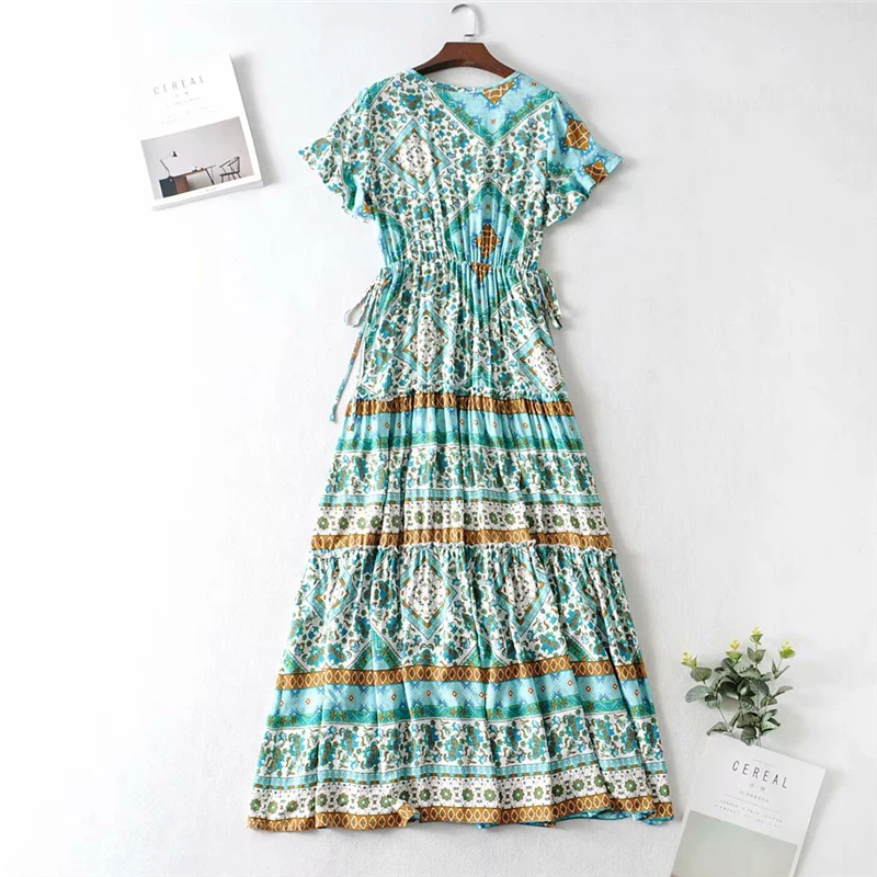 Женское винтажное платье в стиле бохо зеленое макси из искусственного хлопка с