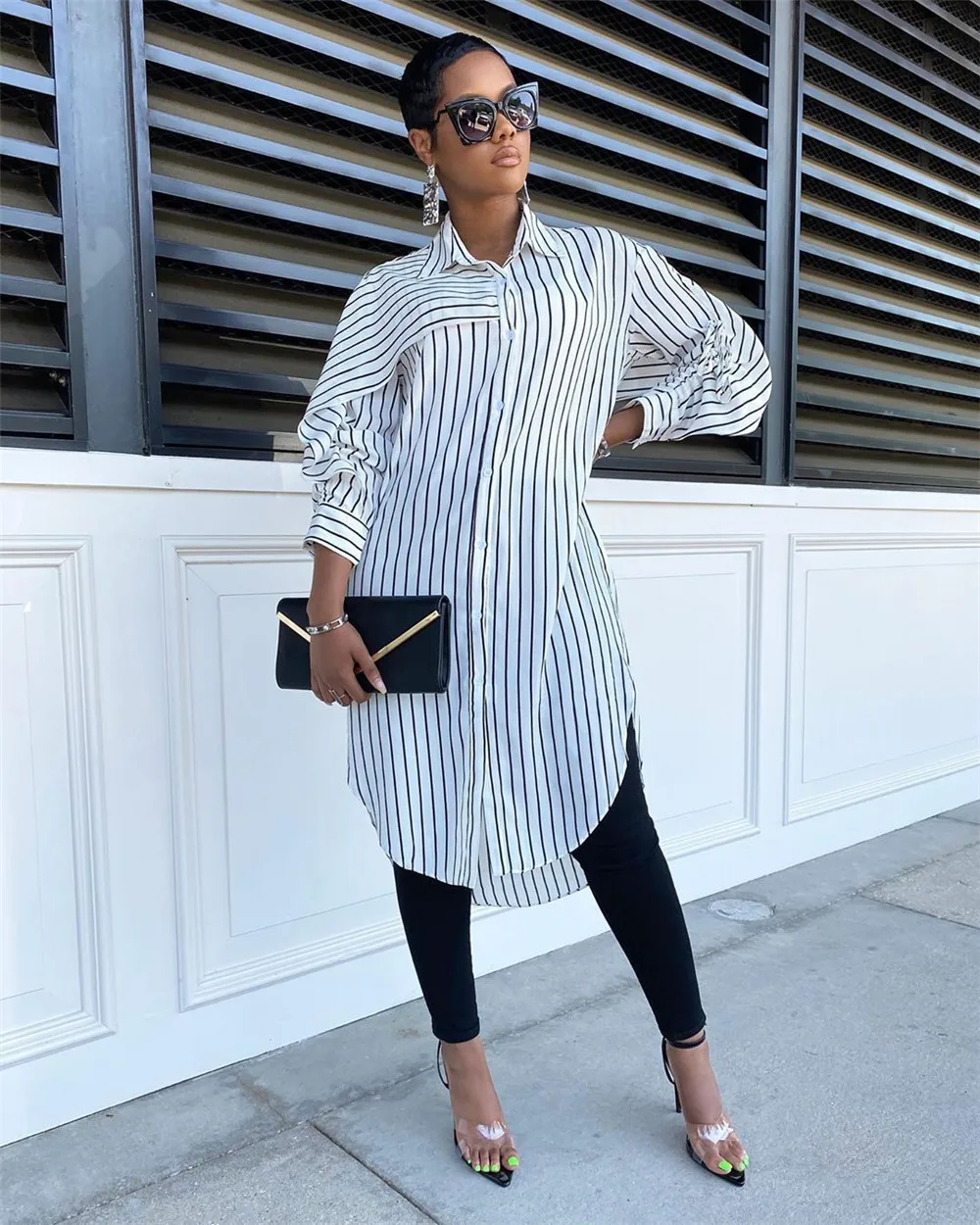 Spring Striped Long Sleeve Shirt Dress Women Turn-down Collar