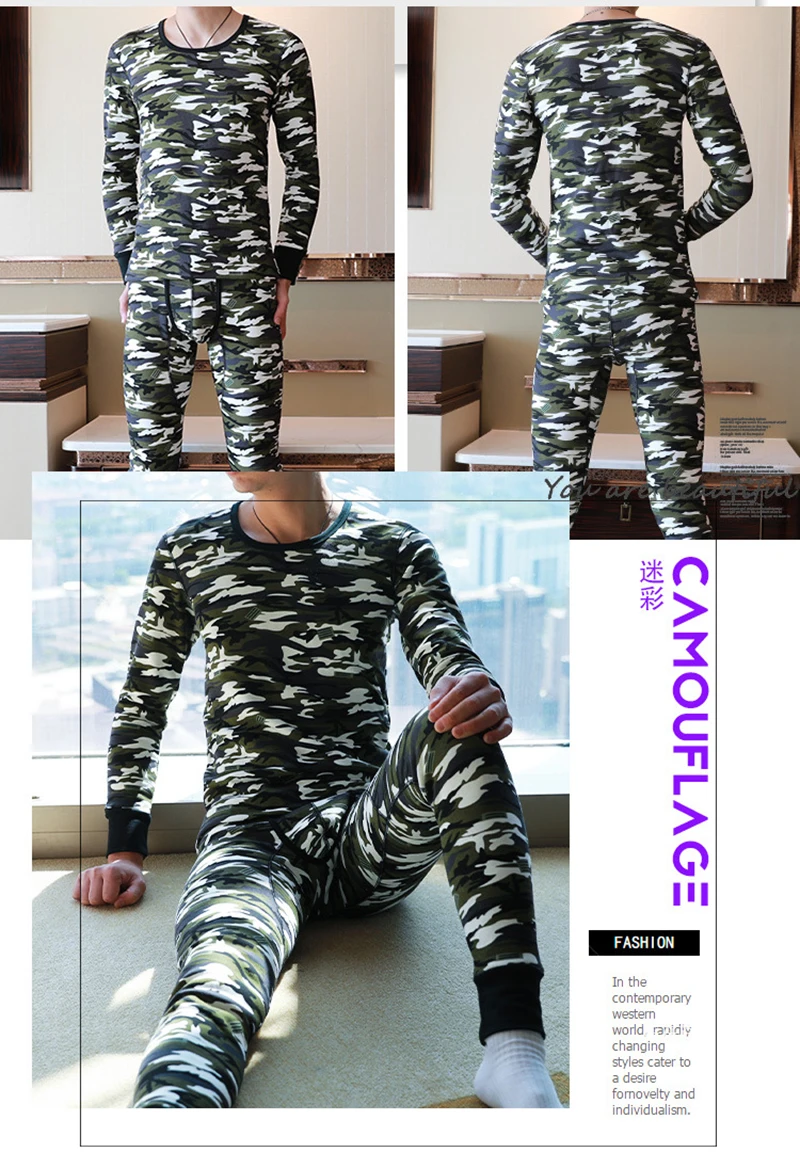 Male Winter Thermal Underwear Men Long Thermal Suit Polyester Comfortable Warm Tops + Pants Piece Set Thermal Underwear