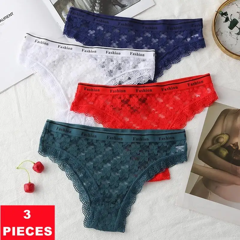 

3Pcs Solid Color Lace Women's Underwear Sexy Floral Embroidery Seamless Panties Breathable Cotton Crotch Female Briefs Lingerie