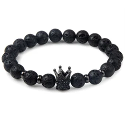 Gold Crown Black Lava Stone Bracelet - Elegant Natural Stone Elastic - 7.5inch(19CM) (Black crown)