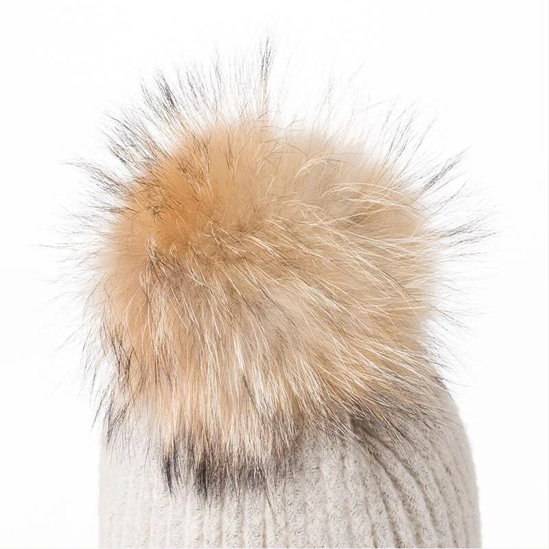 HANGYUNXUANHAO Winter Hat Women Knitted Beanie Hat Real Raccoon Fur Pompom Hat for Female Kids Warm Chunky Thick Stretchy Hat